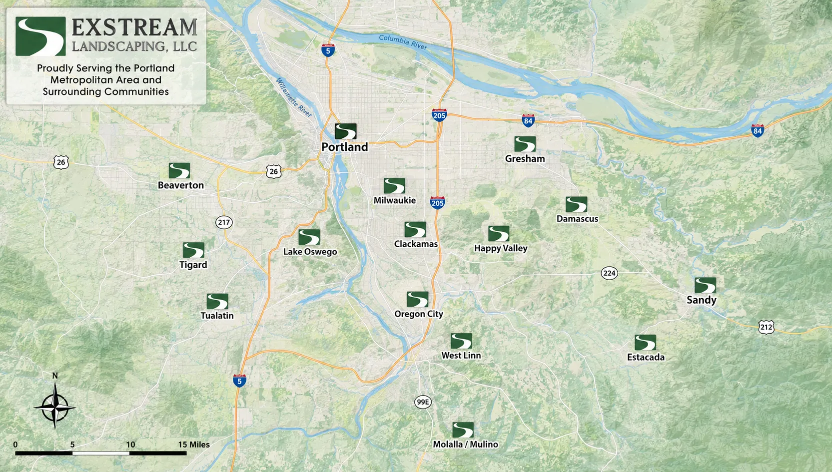 Exstream Landscaping Map of Service Areas in the Portland Metro area including Clackamas, Happy Valley, Damascus, Gresham, Sandy, Estacada, Tualatin, Tigard, Beaverton, West Linn, Molalla/Mulino, Sandy, Oregon City